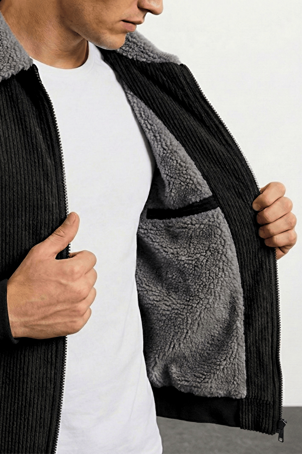 Erkek Kadife Mont Peluş Astarlı Gömlek Yaka Rüzgar Geçirmez Kadife Mont