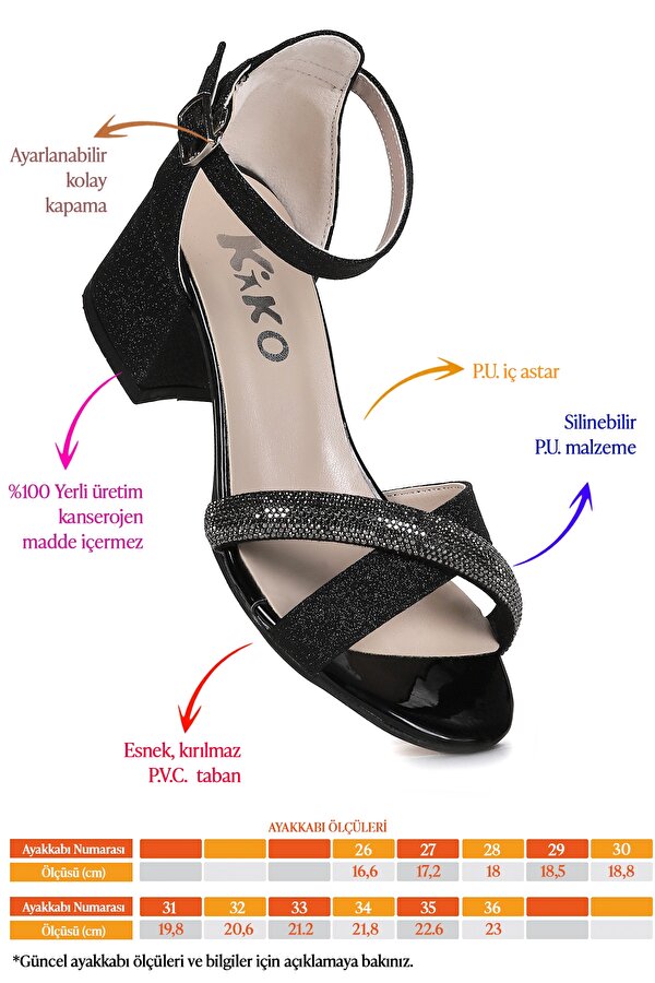 Tanda Kum Simli Kız Çocuk 4 Cm Topuklu Sandalet Abiye Ayakkabı Siyah