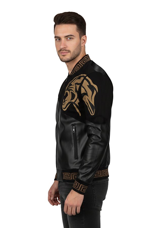 DeepSEA Siyah Dar Kesim Erkek Suni Deri Ceket / Mont – Baskılı Taş İşlemeli Kolej Yaka & Ribanalı 2600395