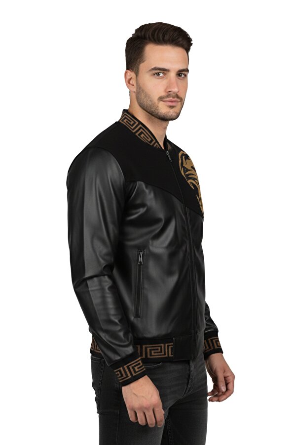 DeepSEA Siyah Dar Kesim Erkek Suni Deri Ceket / Mont – Baskılı Taş İşlemeli Kolej Yaka & Ribanalı 2600395