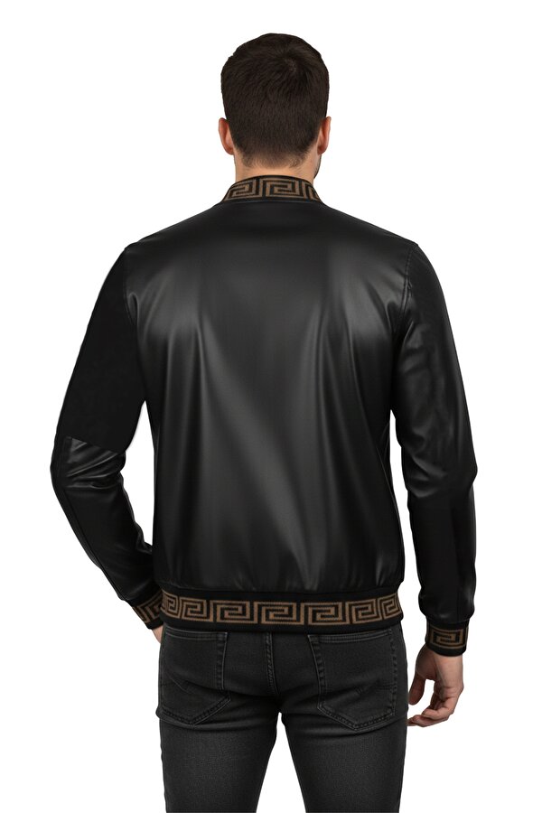 DeepSEA Siyah Dar Kesim Erkek Suni Deri Ceket / Mont – Baskılı Taş İşlemeli Kolej Yaka & Ribanalı 2600395