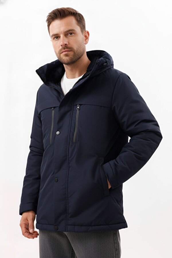 İçi Astarlı Kapüşonlu Jel Elyaflı Su & Rüzgar Geçirmez Cepli Erkek Kışlık Parka Mont