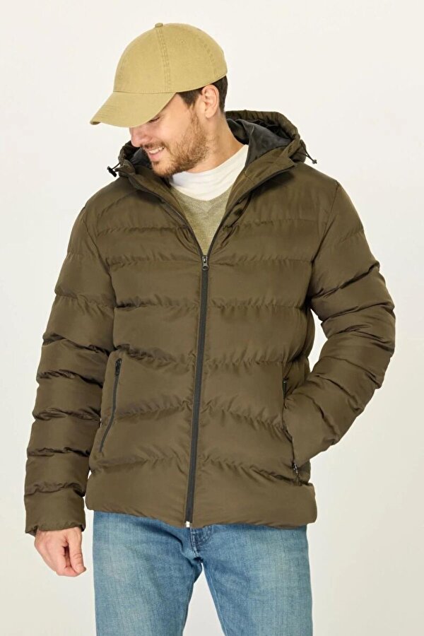 Kapüşonlu Şişme Erkek Kışlık Mont  Jel Elyaf Dolgulu, İçi Astarlı, Cepli