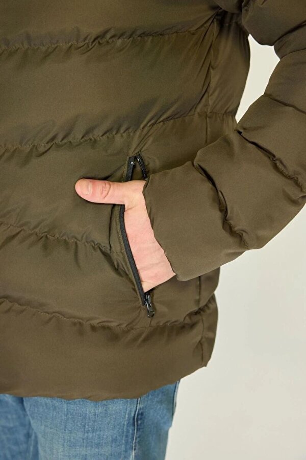 Kapüşonlu Şişme Erkek Kışlık Mont  Jel Elyaf Dolgulu, İçi Astarlı, Cepli