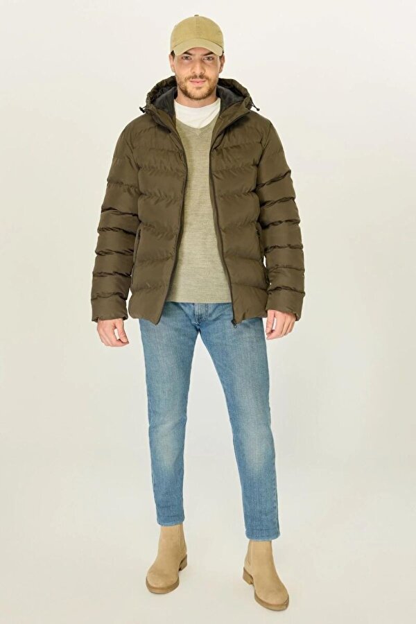 Kapüşonlu Şişme Erkek Kışlık Mont  Jel Elyaf Dolgulu, İçi Astarlı, Cepli