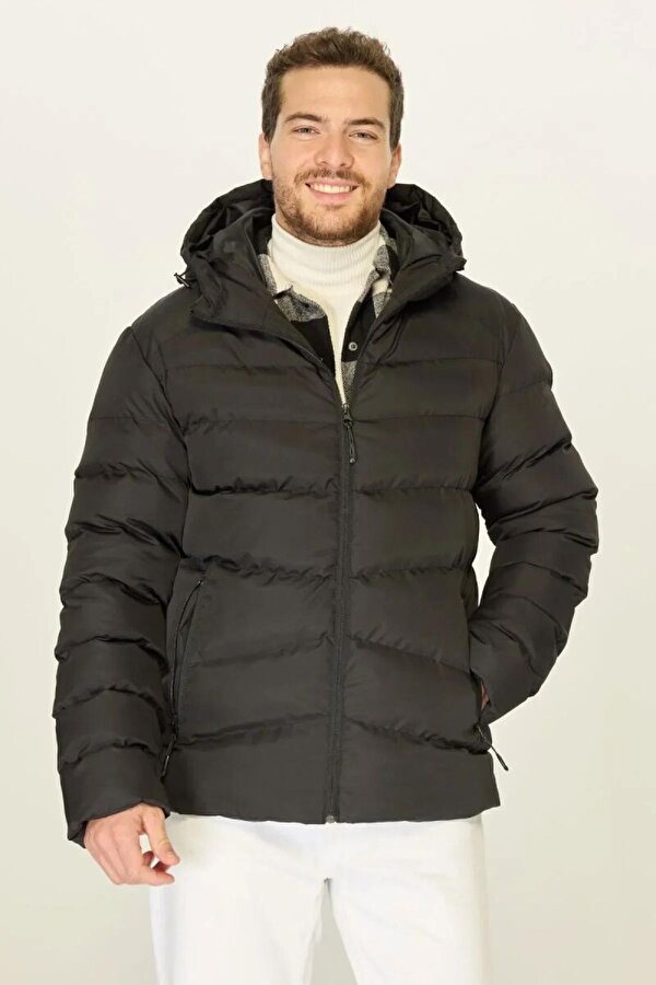 Kapüşonlu Şişme Erkek Kışlık Mont  Jel Elyaf Dolgulu, İçi Astarlı, Cepli