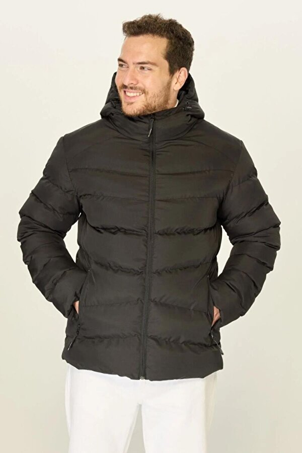 Kapüşonlu Şişme Erkek Kışlık Mont  Jel Elyaf Dolgulu, İçi Astarlı, Cepli