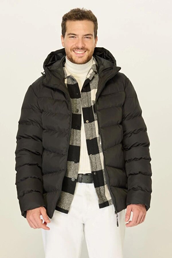 Kapüşonlu Şişme Erkek Kışlık Mont  Jel Elyaf Dolgulu, İçi Astarlı, Cepli