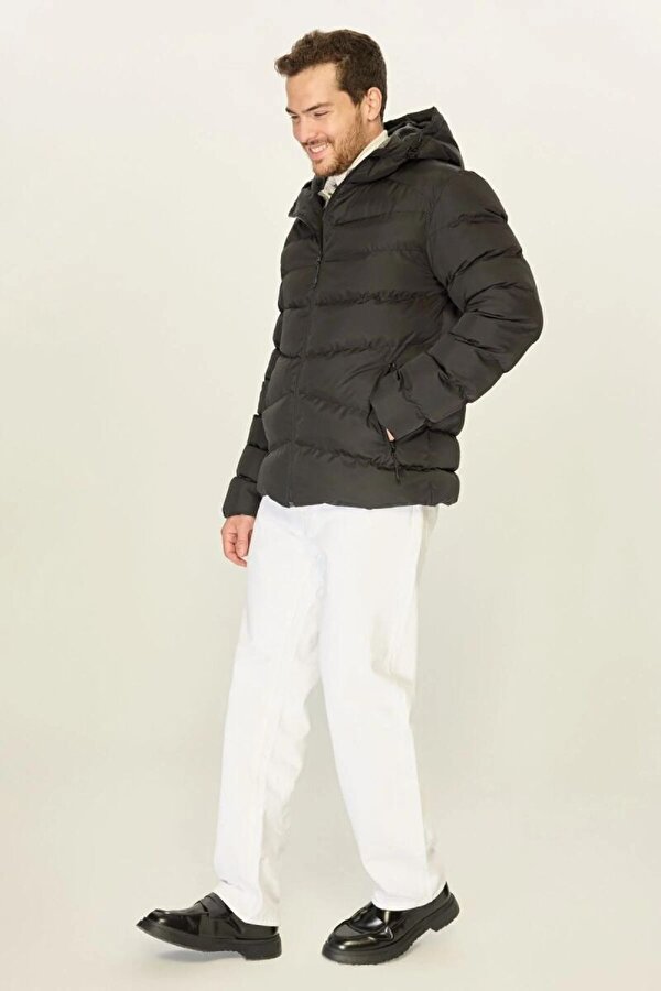 Kapüşonlu Şişme Erkek Kışlık Mont  Jel Elyaf Dolgulu, İçi Astarlı, Cepli