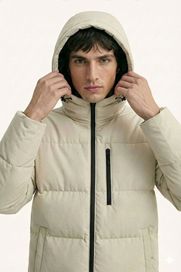 Jel Elyaf Dolgulu Kapüşonlu Şişme Erkek Mont  İçi Astarlı Kışlık Spor Mont – Cepli