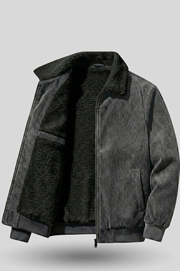 Erkek Kadife Mont Peluş Astarlı Tam Fermuarlı Gömlek Yaka Spor Mont