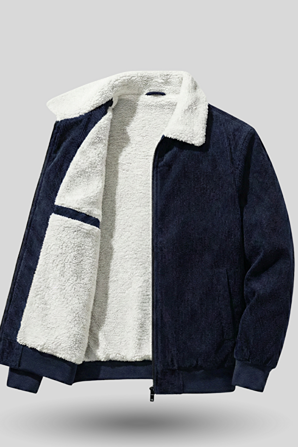 Erkek Kadife Mont Peluş Astarlı Tam Fermuarlı Gömlek Yaka Spor Mont