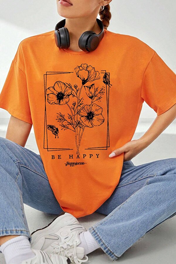 Unisex Be Happy Baskılı Oversize Tshirt - FLO 3 Al 1 Öde