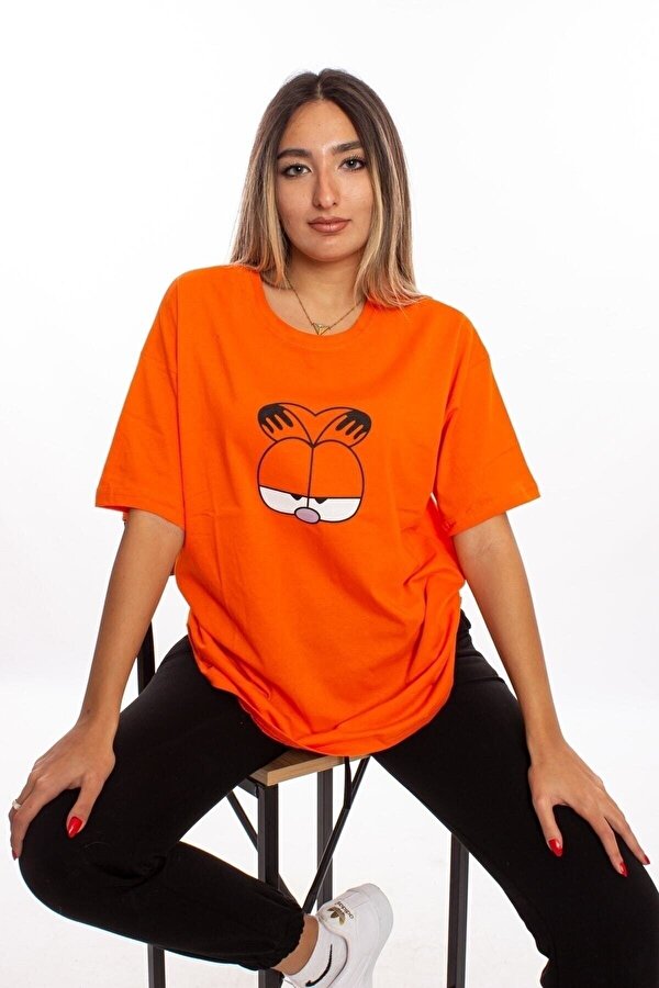 Garfield Baskılı Turuncu Oversize Unisex Tshirt - 3 Al 1 Öde