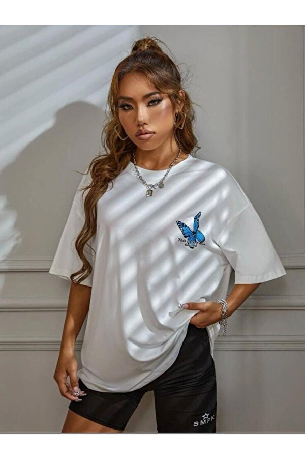 Zokawear Kelebek Baskılı Beyaz Oversize Kadın T-shirt - 3 Al 1 Öde