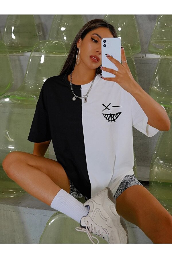 Wicromed Unisex Siyah Beyaz Sırt Baskılı Oversize Penye T-shirt Tişört - 3 Al 1 Öde