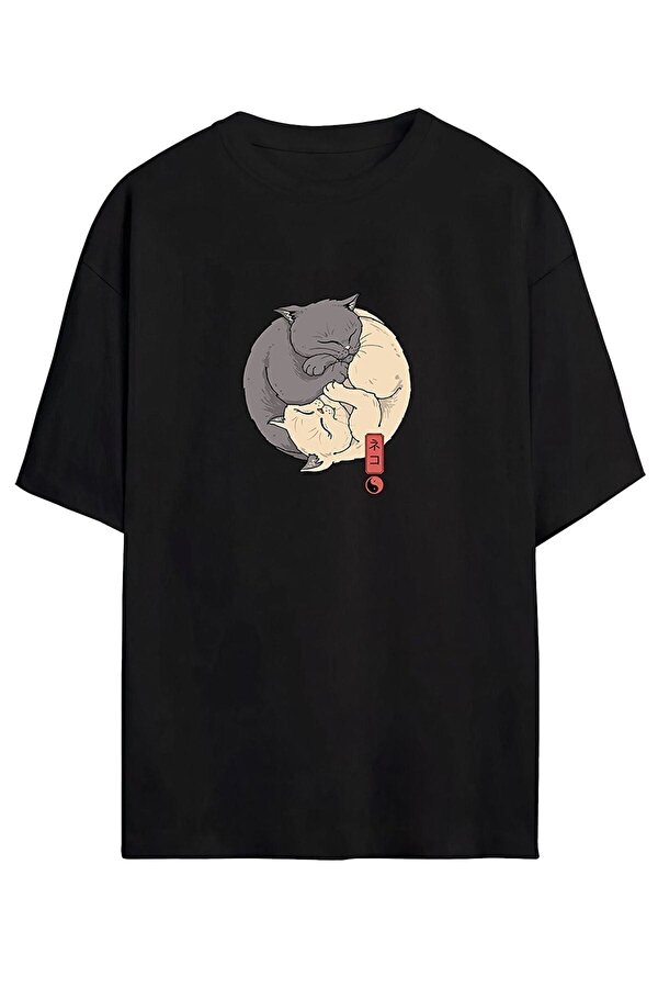 Yingyang Kedi Baskılı Tasarım Tshirt - 3 Al 1 Öde