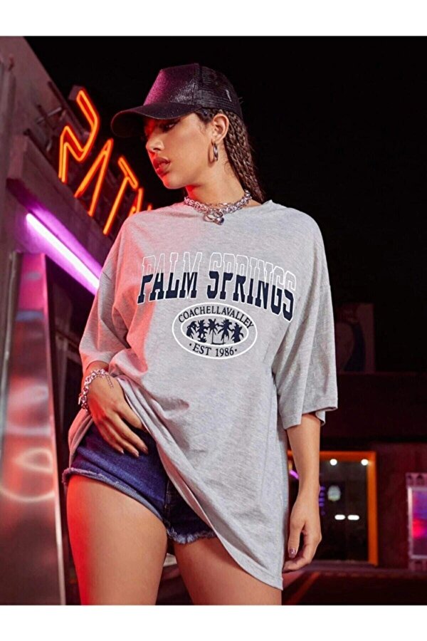 Kadın Palm Springs Baskılı Oversize Penye T-shirt Tişört - 3 Al 1 Öde