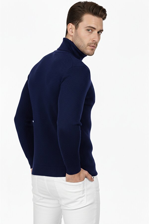 DeepSEA Erkek Açık Lacivert İnce Fitilli Tam Boğazlı Balıkçı Yaka Tüylenmeyen Triko Kazak 2505498