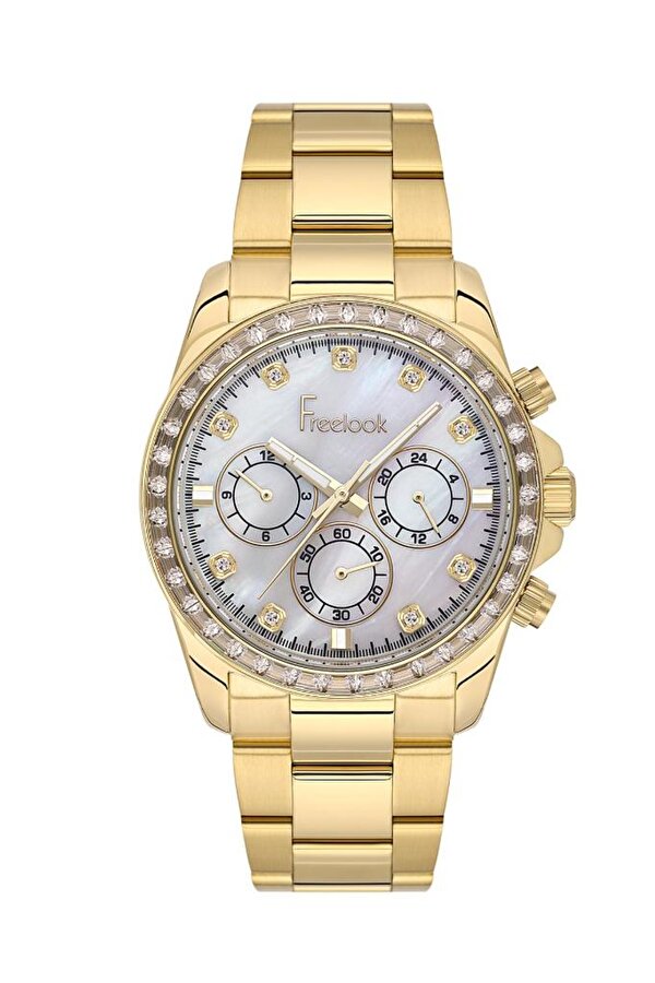 FL.1.10468-2 Fonksiyonlar Aktif Taşlı Tasarım Çelik Kasa Çelik Kordon Altın Renk Kadın Kol Saati