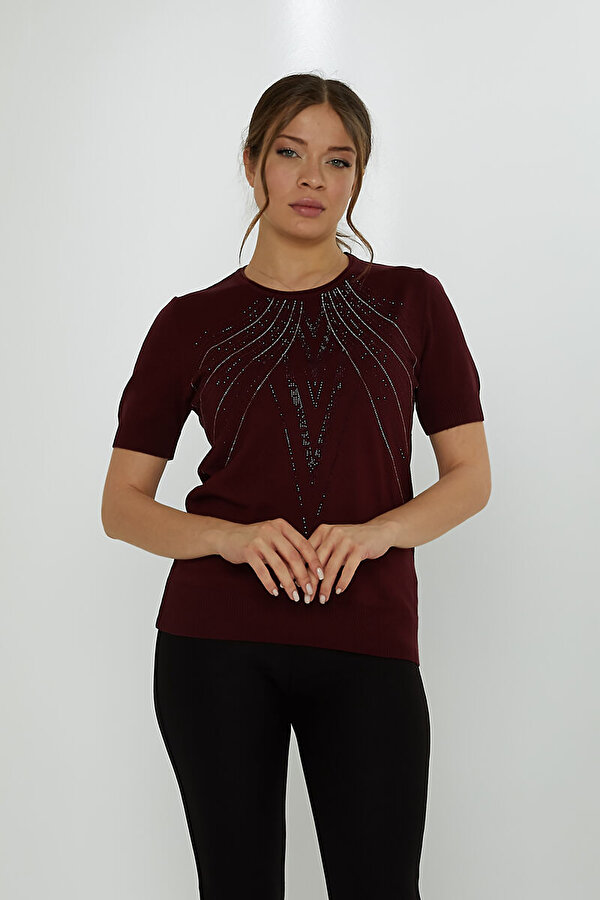 Kadın Taş Süslemeli Kısa Kollu Triko Kazak 31726 Mürdüm