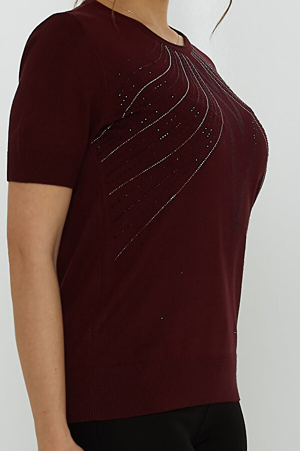 Kadın Taş Süslemeli Kısa Kollu Triko Kazak 31726 Mürdüm