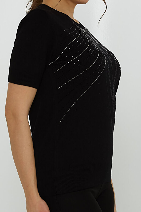 Kadın Taş Süslemeli Kısa Kollu Triko Kazak 31726 Siyah
