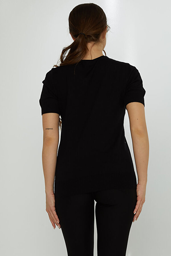 Kadın Taş Süslemeli Kısa Kollu Triko Kazak 31726 Siyah