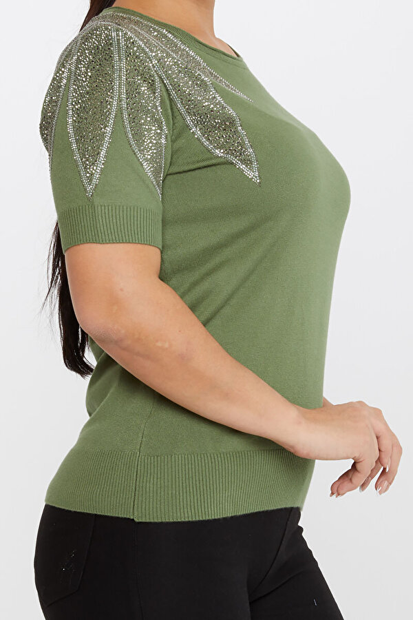 Kadın Taş Detaylı Kısa Kollu Triko Kazak 30792 Haki
