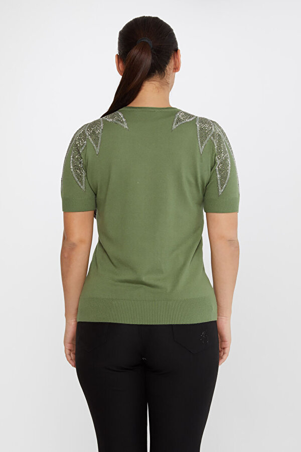 Kadın Taş Detaylı Kısa Kollu Triko Kazak 30792 Haki