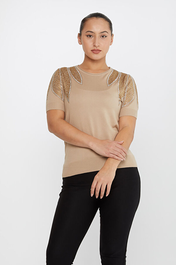 Kadın Taş Detaylı Kısa Kollu Triko Kazak 30792 Vizon