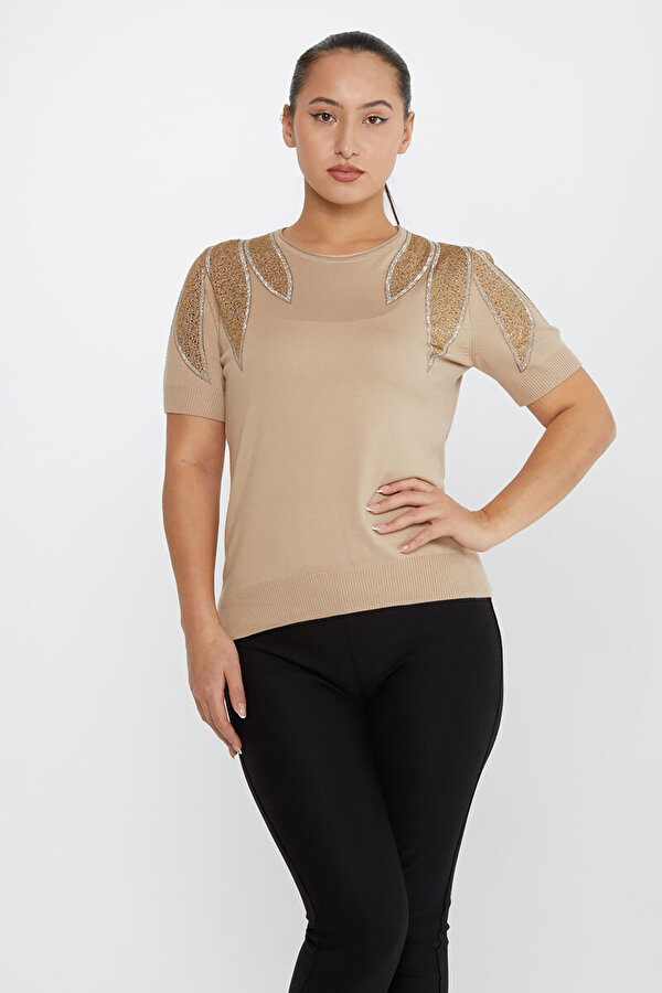 Kadın Taş Detaylı Kısa Kollu Triko Kazak 30792 Vizon