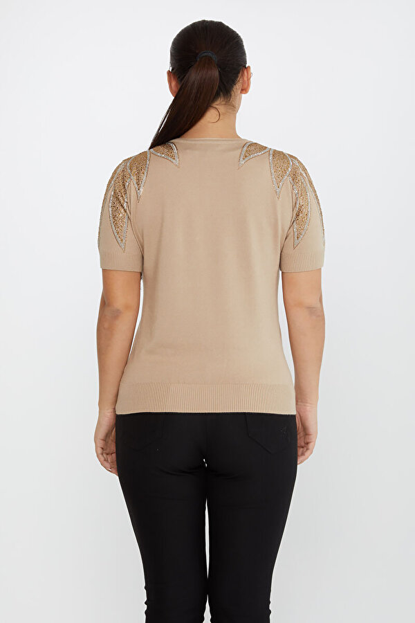 Kadın Taş Detaylı Kısa Kollu Triko Kazak 30792 Vizon