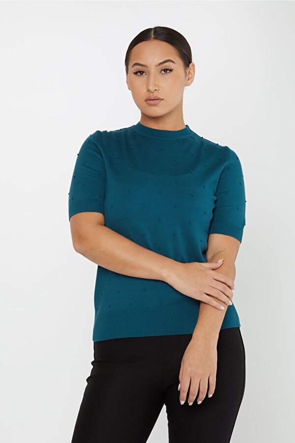 Kadın Kendinden Dokumalı Amerikan Model Kısa Kol Triko Kazak 30131 Petrol