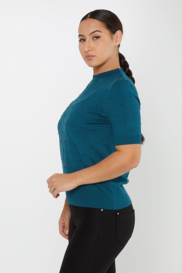 Kadın Kendinden Dokumalı Amerikan Model Kısa Kol Triko Kazak 30131 Petrol