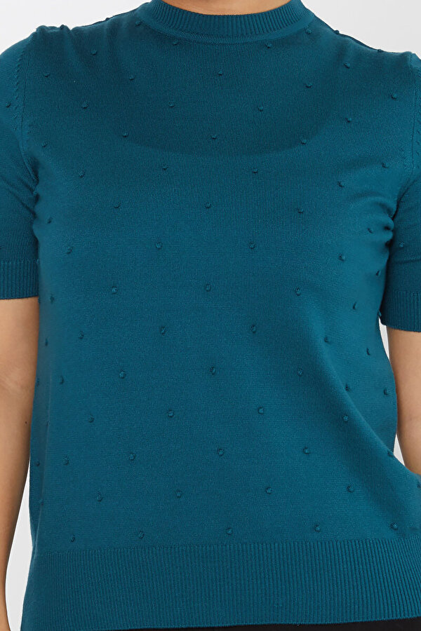 Kadın Kendinden Dokumalı Amerikan Model Kısa Kol Triko Kazak 30131 Petrol