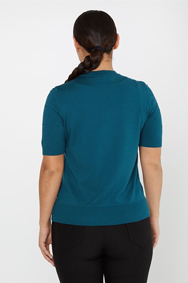 Kadın Kendinden Dokumalı Amerikan Model Kısa Kol Triko Kazak 30131 Petrol