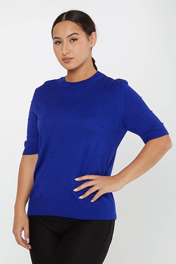 Kadın Kendinden Dokumalı Amerikan Model Kısa Kol Triko Kazak 30131 Saks