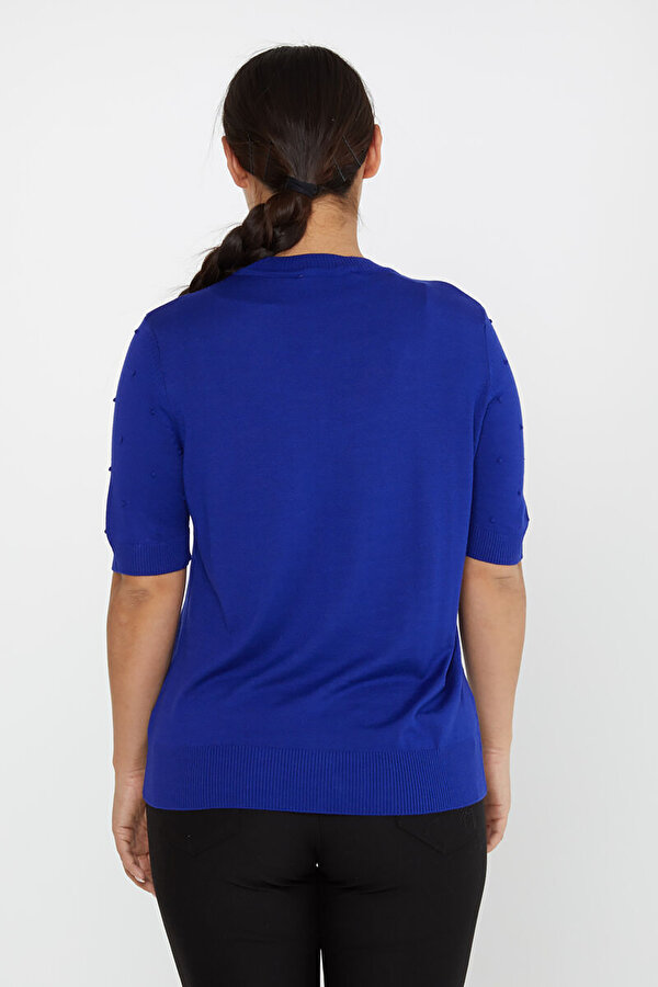 Kadın Kendinden Dokumalı Amerikan Model Kısa Kol Triko Kazak 30131 Saks