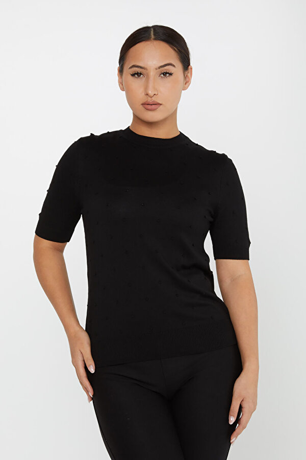 Kadın Kendinden Dokumalı Amerikan Model Kısa Kol Triko Kazak 30131 Siyah