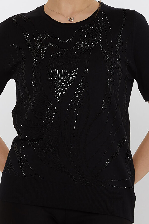 Kadın Taş Süslemeli Amerikan Model Kısa Kollu Triko Kazak 30315 Siyah