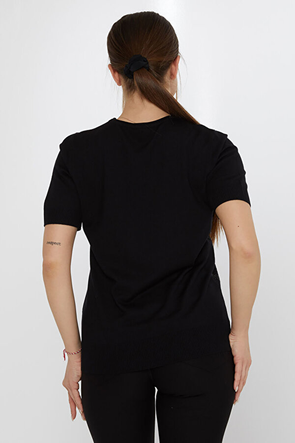 Kadın Taş Süslemeli Amerikan Model Kısa Kollu Triko Kazak 30315 Siyah