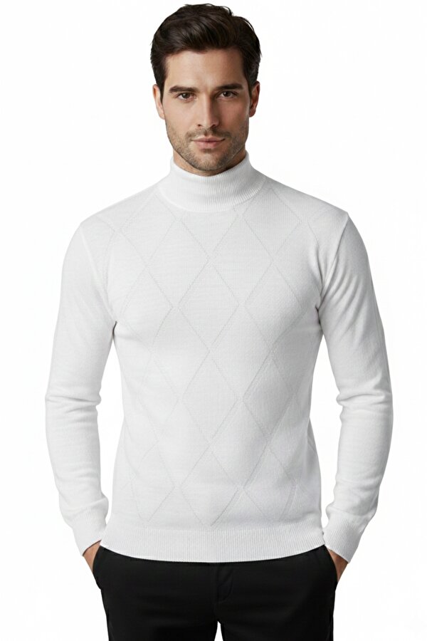 DeepSEA Beyaz Baklava Desenli Slim Fit Yarım Boğazlı Likralı Erkek Triko Kazak 2505508