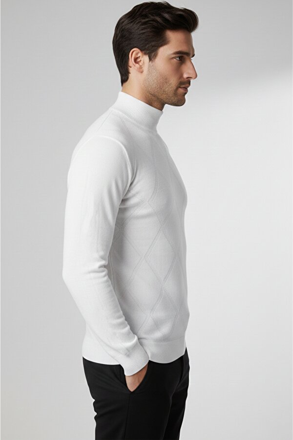 DeepSEA Beyaz Baklava Desenli Slim Fit Yarım Boğazlı Likralı Erkek Triko Kazak 2505508