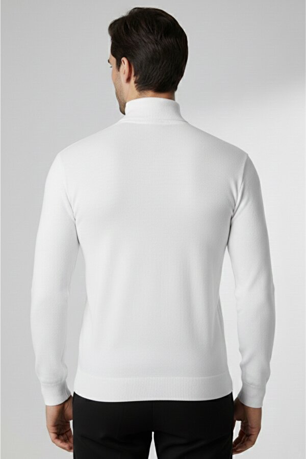 DeepSEA Beyaz Baklava Desenli Slim Fit Yarım Boğazlı Likralı Erkek Triko Kazak 2505508