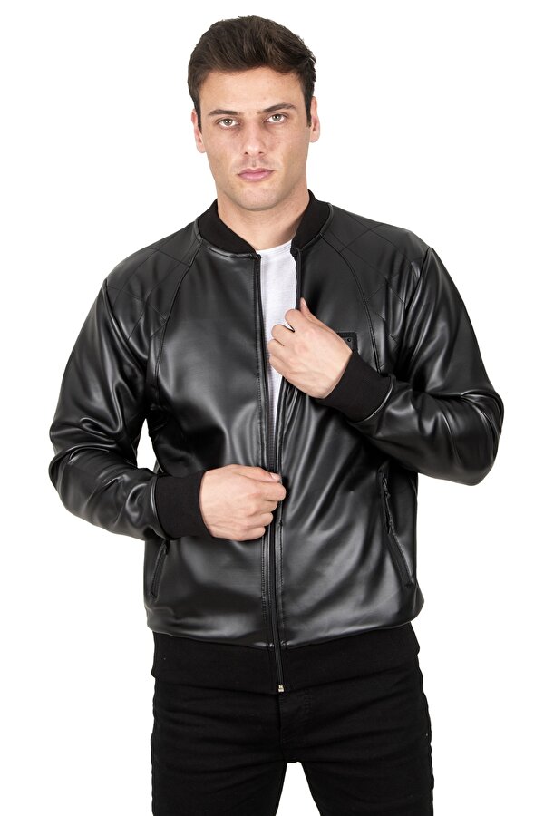 DeepSEA Siyah Dikiş Detaylı Kolej Yaka Slim Fit Likralı Erkek Suni Deri Ceket Mont 23020587