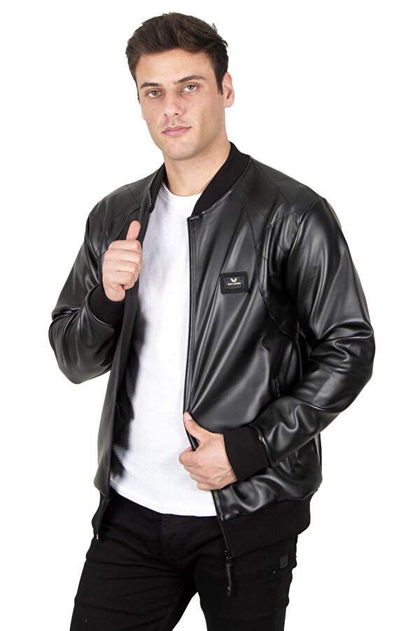 DeepSEA Siyah Dikiş Detaylı Kolej Yaka Slim Fit Likralı Erkek Suni Deri Ceket Mont 23020587