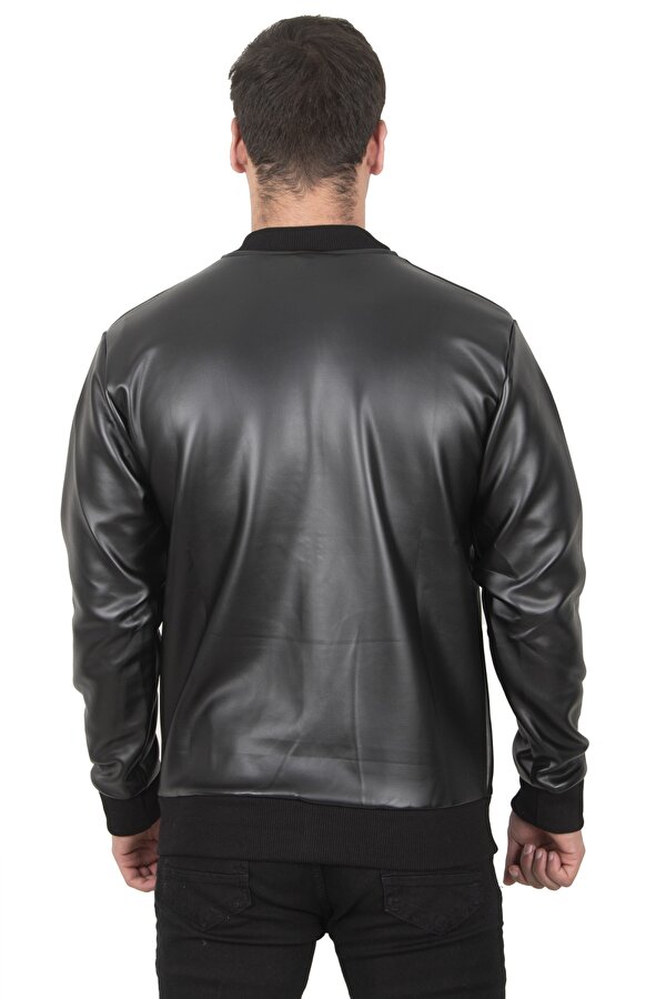 DeepSEA Siyah Dikiş Detaylı Kolej Yaka Slim Fit Likralı Erkek Suni Deri Ceket Mont 23020587