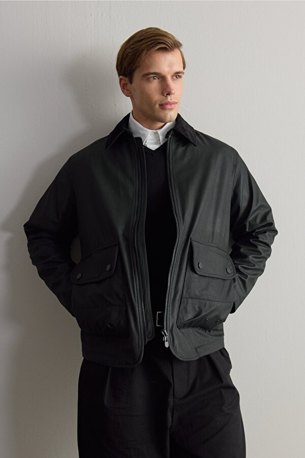 Erkek Kadife Yakalı Mont Ceket Siyah