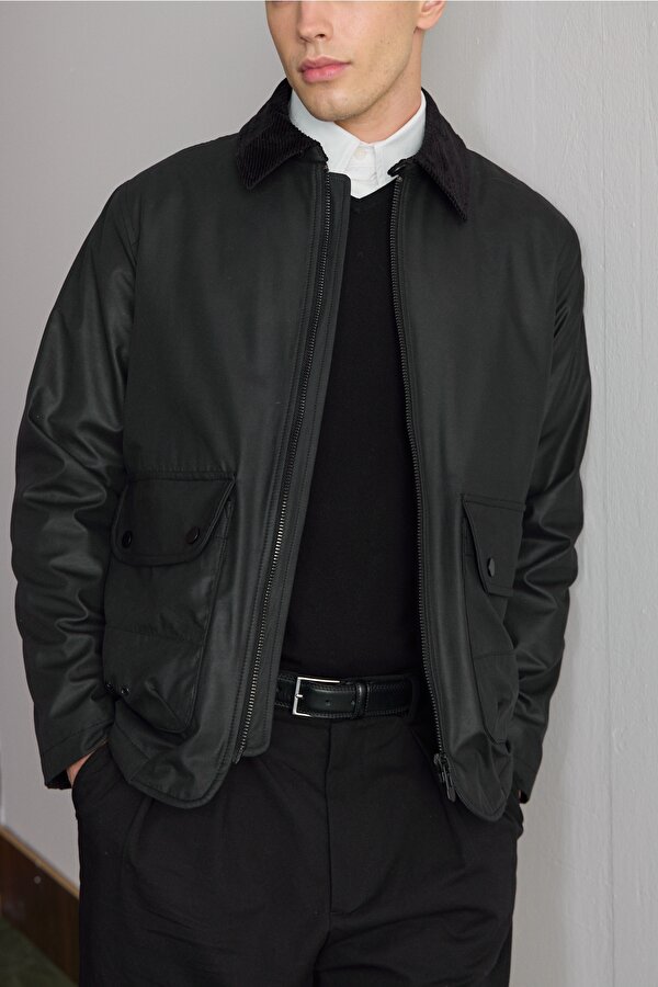 Erkek Kadife Yakalı Mont Ceket Siyah